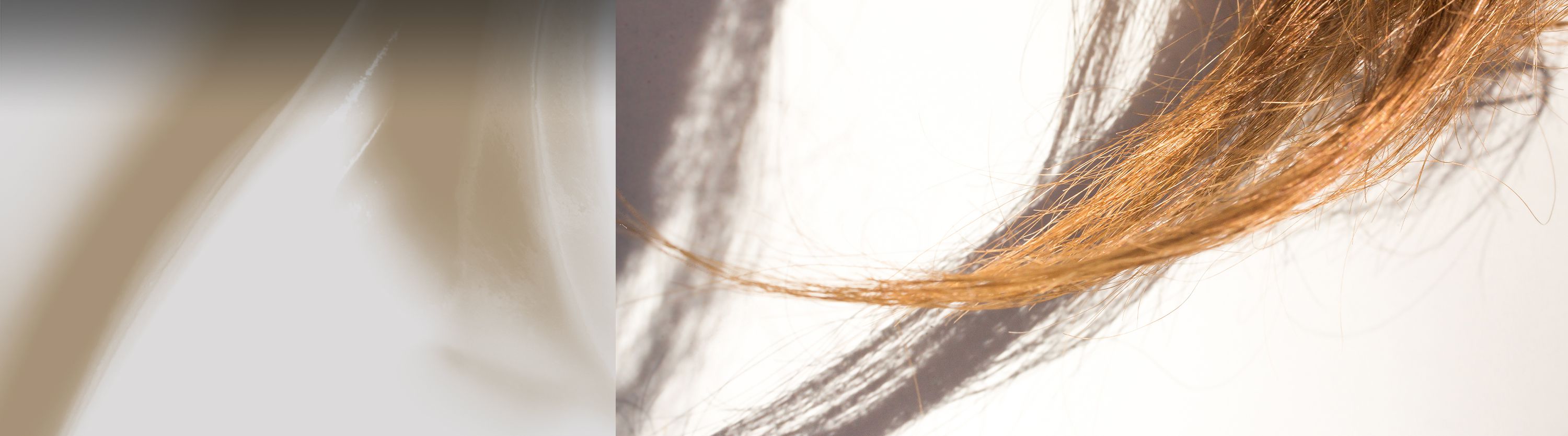 Imagem dividida de uma silhueta e cabelos ruivos em um fundo branco