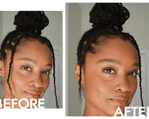 Maquiagem da criadora de Byrdie, Hera Alexander, antes e depois de usar Drunk Elephant D-Bronzi Anti-Pollution Sunshine Drops