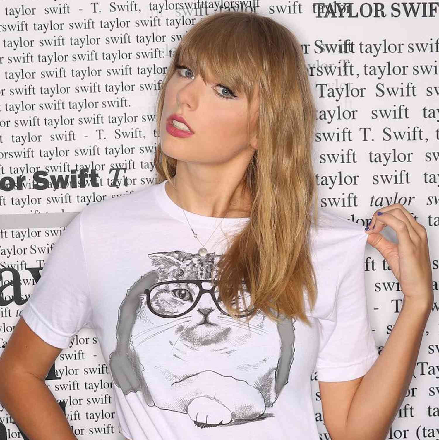 Taylor Swift fica contra o fundo de um jornal
