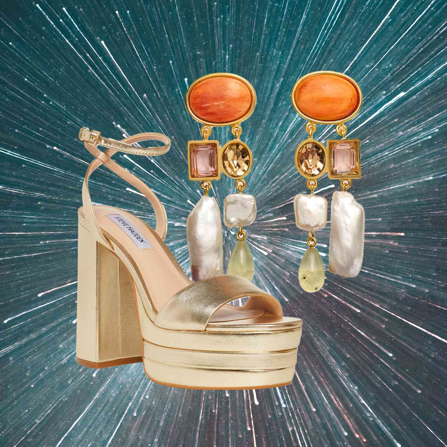 Sandálias douradas na plataforma e brincos-pussies com pedras preciosas e pérolas