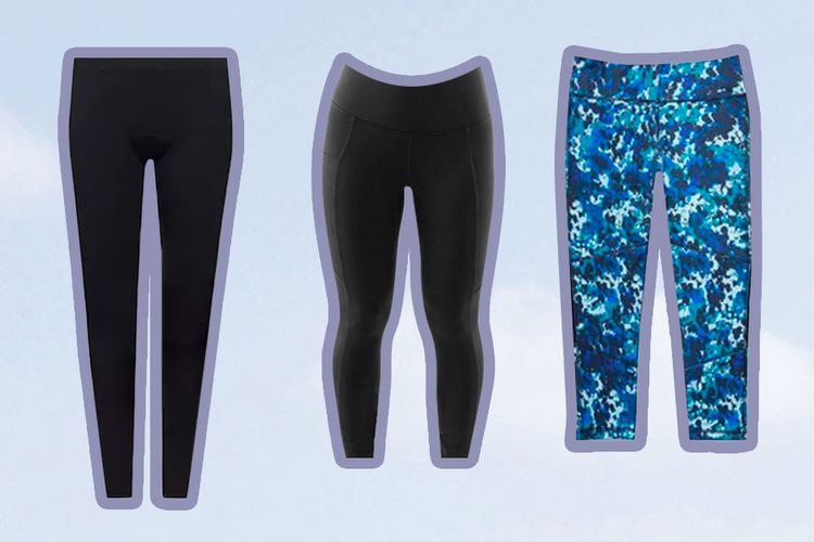 Colagem de nossas leggings recomendadas para períodos ativos em fundo azul