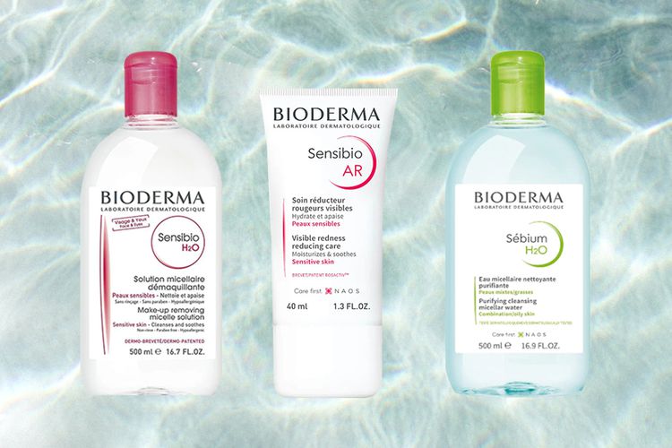 Colagem de produtos Bioderma sobre fundo de água
