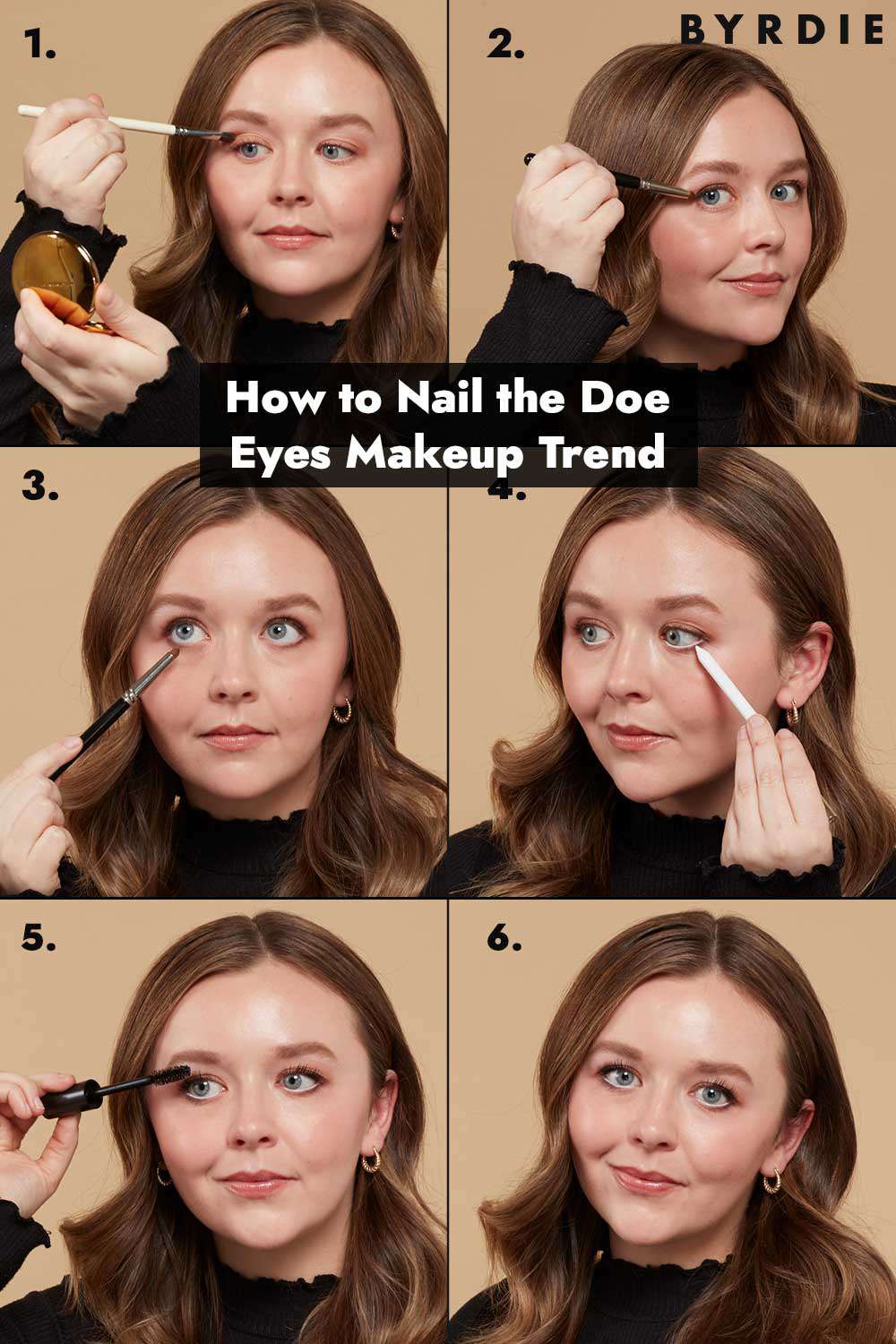 Foto composta de etapas para maquiagem de olhos de corça