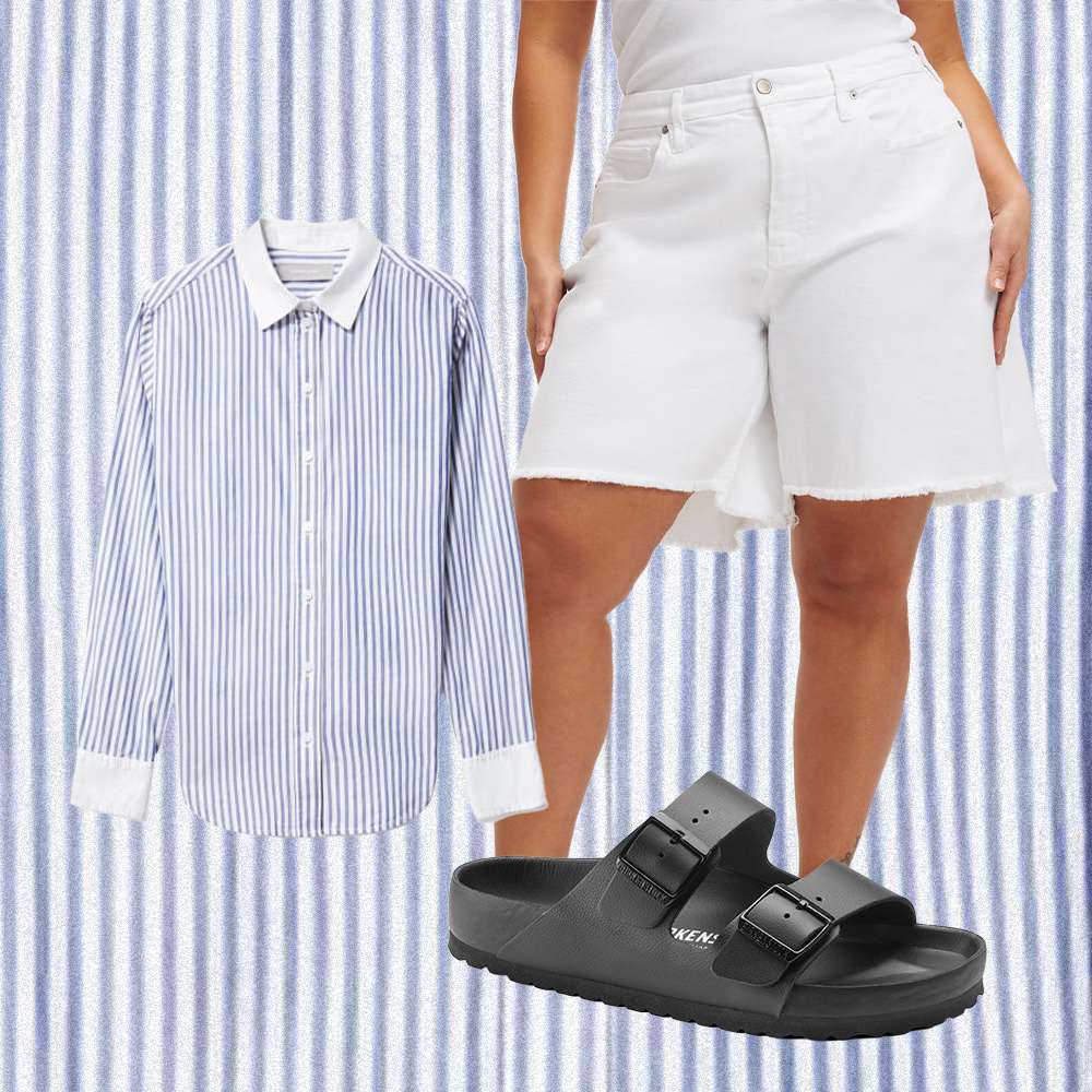 Colagem de roupas com botão listrado e shorts