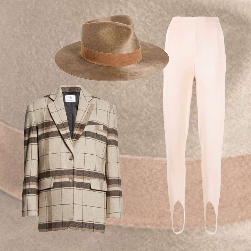 Colagem de roupas no chapéu do fazendeiro e um blazer quadrado