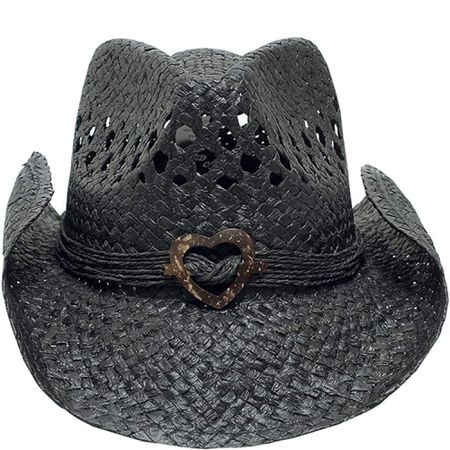Chapéu de cowboy de palha preta com fivela de coração em fundo branco