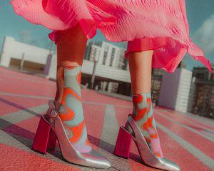 O plano próximo das pernas e os pés de uma pessoa em meias multifoloras, sapatos de toel de altura prateados e um vestido rosa