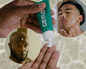 Colagem de homens aplicando hidratantes faciais em fundo cinza