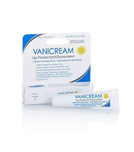 Uma caixa de Vanicream Lip Protectant Anti-Aging Lip Treatment com um tubo do produto ao lado.