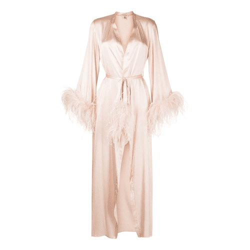 Robe de seda Gilda & amp; Pérola Camille com acabamento em penas rosa claro