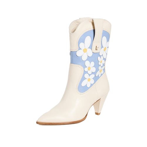 Larroude Thelma Botas de cowboy azuis e brancas com detalhes florais