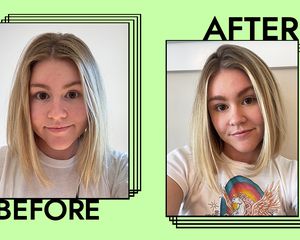 Colagem de cabelo humano antes e depois de usar o shampoo exuberante Wasabi Shan Kui em um fundo verde